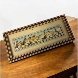 Vintage Persian Pianting Miniature Knights Scene On Bone in a Khatam Frame 8&quot;x4&quot;
