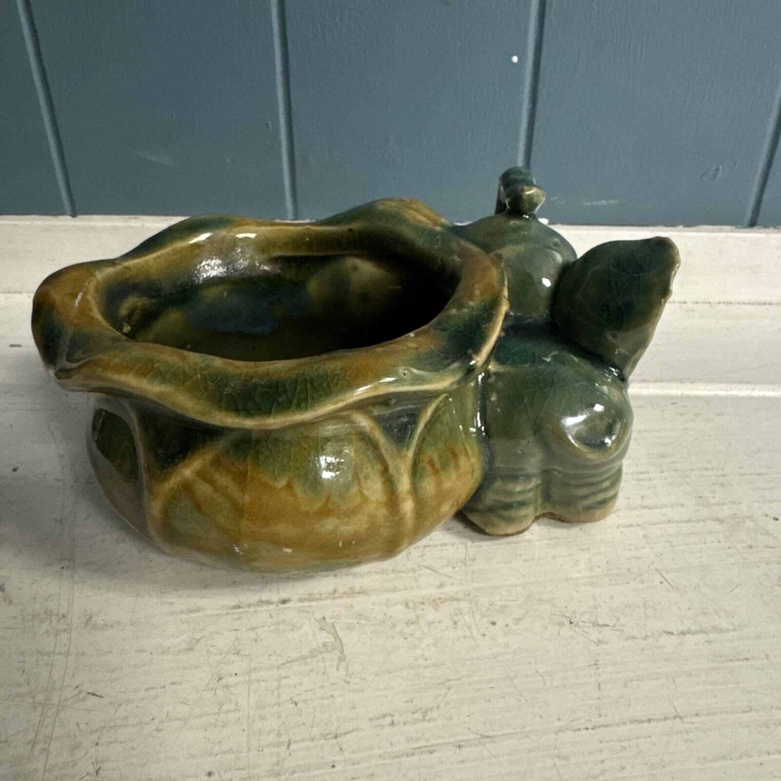 Vintage Majolica Baby Elephant Planter Trunk up Good Luck Bamboo Green ...