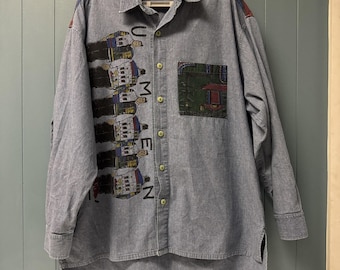 Vtg 90s Umen Posse Abstract Hip Hop Long Sleeve Denim Shirt