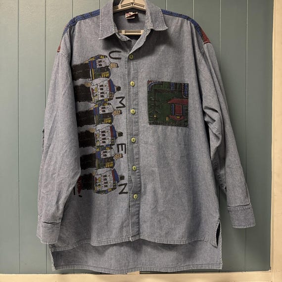 Vtg 90s Umen Posse Abstract Hip Hop Long Sleeve Denim Shirt