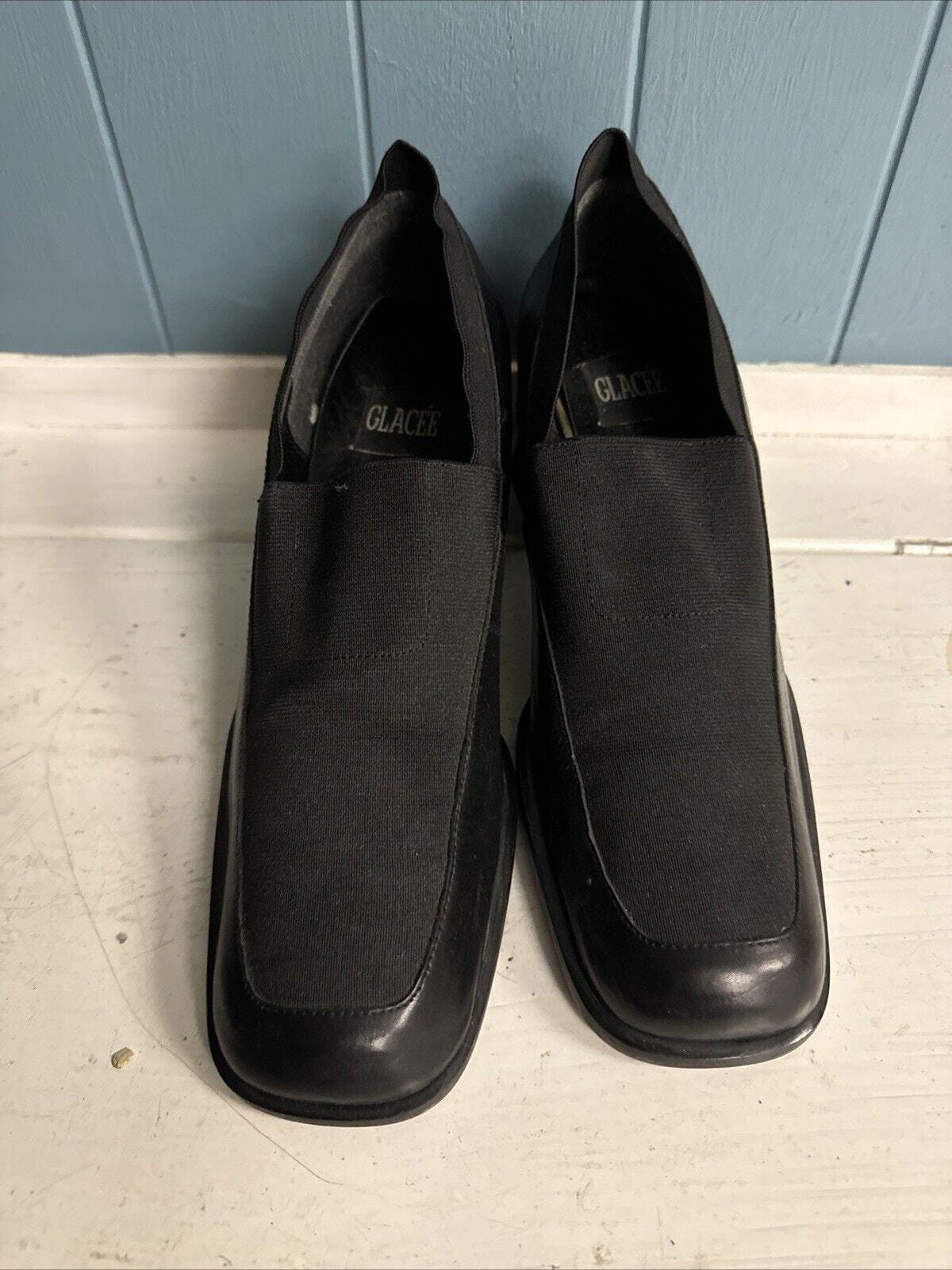 Vintage Y2K 90s Chunky Heel Square Toe Loafer Black Leather Slip 