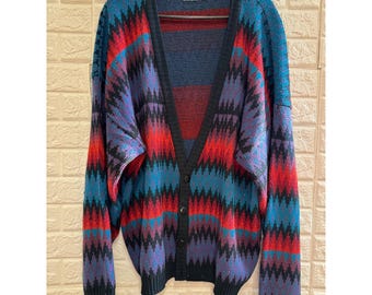 Saturdays Vintage Geometric Zigzag Cardigan Sweater Multi Color Retro Grunge