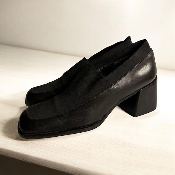 Vintage Y2K 90s Chunky Heel Square Toe Loafer Black Leather Slip