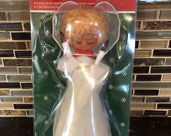 8.75" Vintage 10-Light Incandescent ANGEL CHRISTMAS Tree Topper WHITE Gown