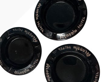 Vintage Aladdin Hotel Las Vegas Black Glass Ashtray Set of 3 Casino Memorabilia