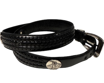 Brighton Onyx Black Leather Woven GOLF Buckle Belt Western Cowboy Style 36-38"