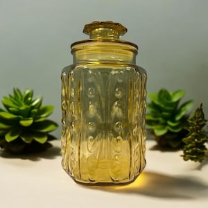 VTG L.E. Smith Imperial Atterbury Scroll Harvest Gold Glass Canister 70s-9.5&quot;