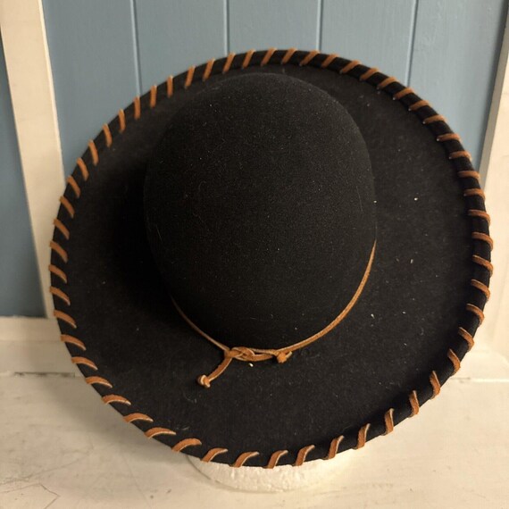 Vintage 100% Wool Black Wool Brown Leather Hat Doeskin Felt  display picture 3