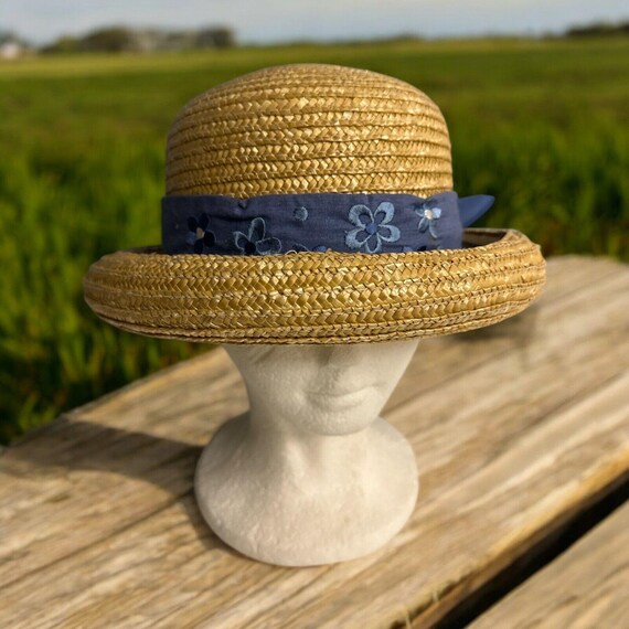 Vintage Straw Kentucky Derby Hat Ivory Straw Wide Brim Hat- Brown Trim of Feathers and  main image 2