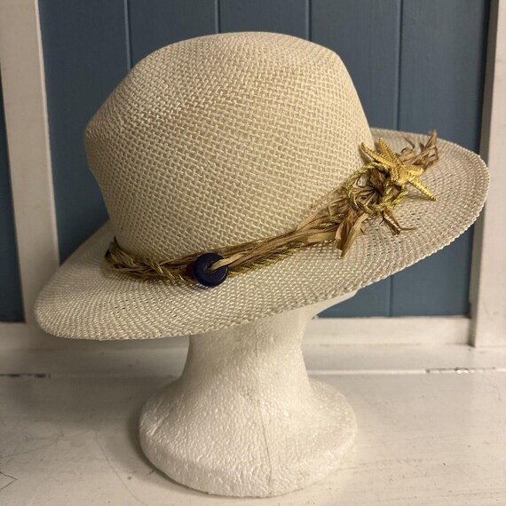 Vintage Kathy Jeanne White Straw Brimmed Straw Hat Nautical 
