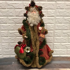 24” Vtg Victorian Santa TECIDO PAI NATAL com bloco e bolsa fabricado em Taiwan
