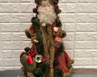 24” Vtg Victorian Santa FABRIC FATHER CHRISTMAS w/ block and bag made in Taiwan