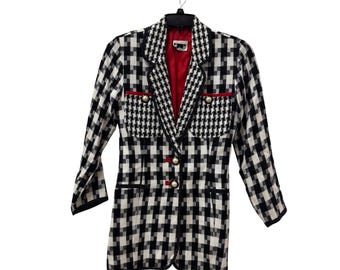 Laundry by Shelli Segal Vintage Gingham Blazer Black White Red Trim Pearl Button