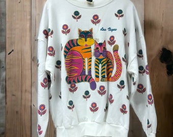 Vintage Art Paint all over cats and daisies gold colorful women’s sweatshirt OS