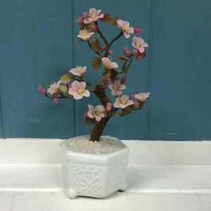 Vtg Japan Musical Glass Pink Flowers Cherry Blossom Bonsai Tree Asian Decor