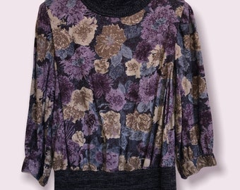 Vintage Leslie Fay floral knit mock neck ribbed waist 3/4 sleeve blouse s/m