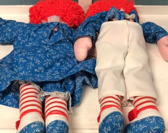 Vintage Handmade Raggedy Ann and Andy Plush 18” Dolls Cloth Rag