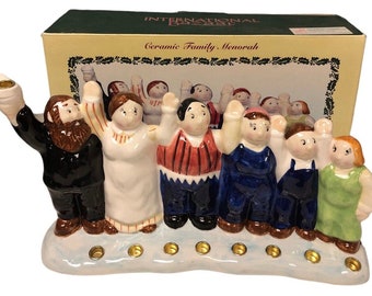 Vintage Judaica Hanukkah Ceramic Dancing Family Menorah New 11” x 7” *read