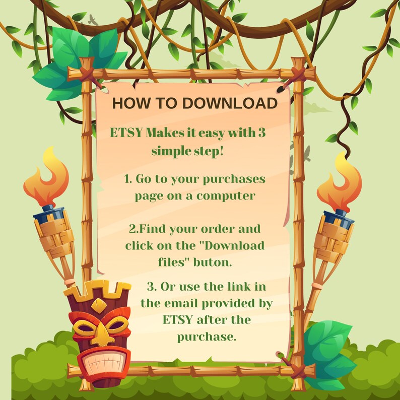 Puede incluir: Un letrero de madera con el texto "HOW TO DOWNLOAD" e instrucciones sobre c&oacute;mo descargar archivos digitales de Etsy. El letrero est&aacute; decorado con antorchas tiki y una m&aacute;scara tiki.