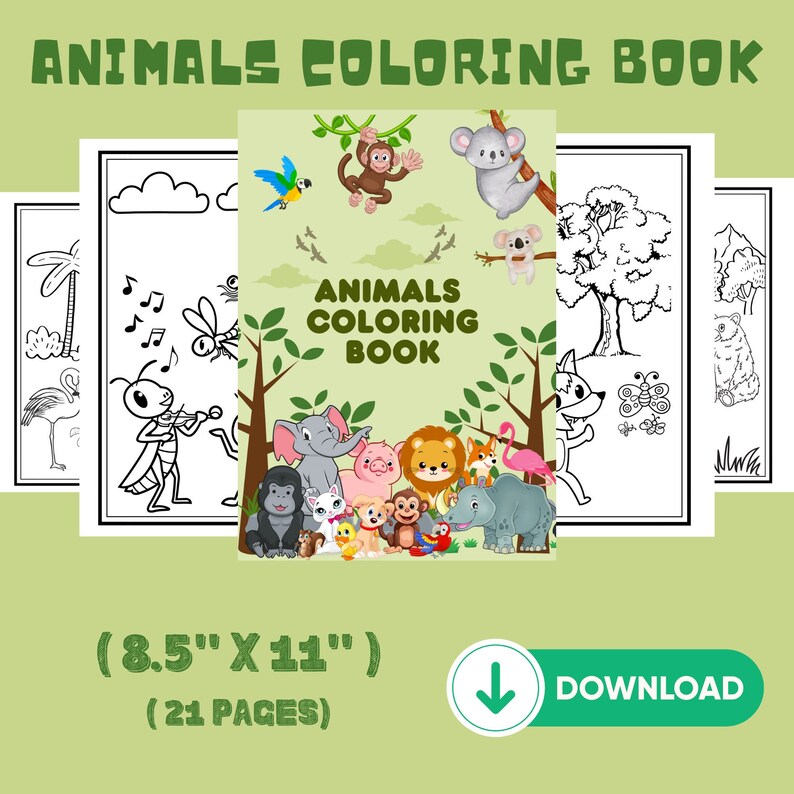 Puede incluir: Un libro para colorear en blanco y negro con una variedad de animales, incluyendo un mono, un elefante, un le&oacute;n y un rinoceronte. El libro mide 8,5 pulgadas por 11 pulgadas y tiene 21 p&aacute;ginas.