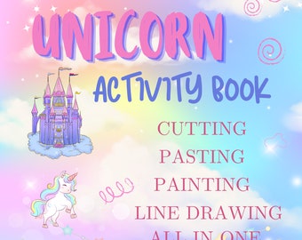 Ein Aktivitätsbuch mit Einhorn-Thema für Kinder, das Spaß, Lehrreiche, Ausschneiden-Einfügen, Ausmalen, das Erreichen des Ziels und das Finden eines