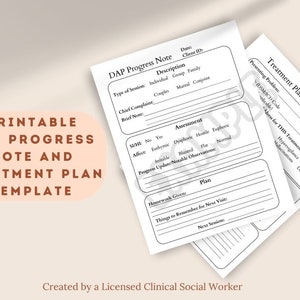 DAP Progress Note Printable | DAP Format | Progress Notes | Therapy Progress Notes | Simple Progress Notes | Treatment Plan