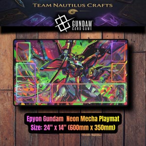 May include: Epyon Gundam Neon Mecha playmat, 24" x 14", featuring a vibrant neon design of a Gundam robot. The playmat has designated areas for Base, Shields, Deck, Trash, Resource Deck, and Resource Area. The Gundam Card Game logo is visible.