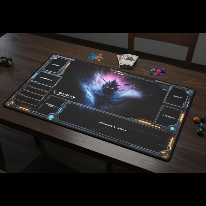 Op de afbeelding: Een zwarte Gundam-speelmat met een futuristisch ontwerp. De mat heeft aangewezen gebieden voor spelcomponenten, waaronder een resourcegebied, een deck en een prullenbak. Het midden toont een Gundam-robot tegen een kosmische achtergrond. Dobbelstenen en kaarten zichtbaar.