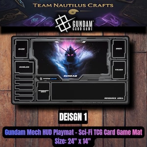 Op de afbeelding: Zwarte Gundam Mech HUD speelmat voor een Sci-Fi TCG kaartspel. De mat heeft een gedetailleerd ontwerp met zones voor basis, schilden, deck, afval en resource management. De speelmat meet 61 cm x 36 cm.