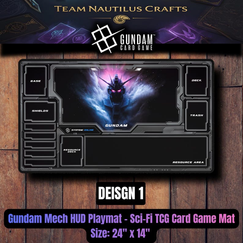 Op de afbeelding: Zwarte Gundam Mech HUD speelmat voor een Sci-Fi TCG kaartspel. De mat heeft een gedetailleerd ontwerp met zones voor basis, schilden, deck, afval en resource management. De speelmat meet 61 cm x 36 cm.