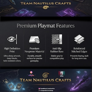 Op de afbeelding: Promotieafbeelding voor Team Nautilus Crafts speelmatten. De afbeelding benadrukt kenmerken zoals high-definition print, premium neopreen materiaal, een antislip rubberen basis en versterkte gestikte randen. Het ontwerp bevat het bedrijfslogo en social media-iconen.