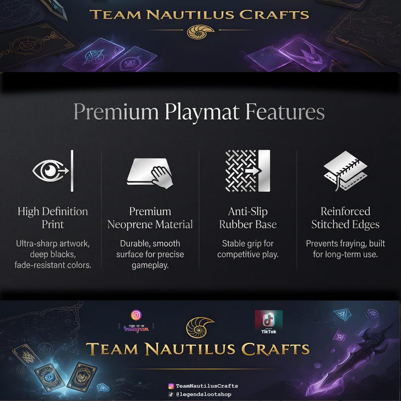 Op de afbeelding: Promotieafbeelding voor Team Nautilus Crafts speelmatten. De afbeelding benadrukt kenmerken zoals high-definition print, premium neopreen materiaal, een antislip rubberen basis en versterkte gestikte randen. Het ontwerp bevat het bedrijfslogo en social media-iconen.