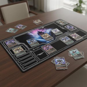 Op de afbeelding: Een zwarte Gundam speelmat met een kosmisch ontwerp en het woord "Gundam" in het blauw. De mat heeft zones voor kaarten en een "Resource Deck" sectie. Verschillende ruilkaarten zijn op en rond de mat geplaatst.