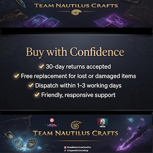Op de afbeelding: Promotionele afbeelding voor Team Nautilus Crafts, met de tekst "Koop met vertrouwen" en details over retourzendingen, vervangingen en verzendtijden. Het ontwerp bevat het bedrijfslogo en social media-iconen.