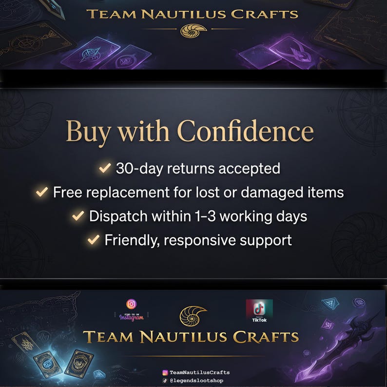 Op de afbeelding: Promotionele afbeelding voor Team Nautilus Crafts, met de tekst "Koop met vertrouwen" en details over retourzendingen, vervangingen en verzendtijden. Het ontwerp bevat het bedrijfslogo en social media-iconen.