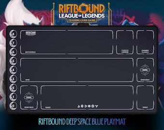 May include: A deep space blue playmat for the RIFTBOUND League of Legends trading card game. The mat features designated zones for gameplay, including Battlefield, Base, Runes, and Main Deck. The text "RIFTBOUND DEEP SPACE BLUE PLAYMAT" is at the bottom.