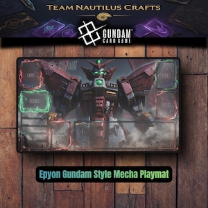 May include: A rectangular playmat featuring a Gundam mecha design with red and gray tones. The mat includes labeled zones for Base, Shields, Deck, Trash, Resource Deck, and Resource Area. The text "Epyon Gundam Style Mecha Playmat" is at the bottom.