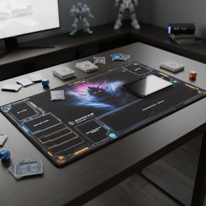Op de afbeelding: Een zwart en blauw Gundam speelmat met een futuristisch ontwerp. De mat heeft aangewezen gebieden voor kaarten, dobbelstenen en een resource-gebied. Het Gundam-logo is zichtbaar, samen met een levendige illustratie van een Gundam-personage. Een tablet ligt op de mat.