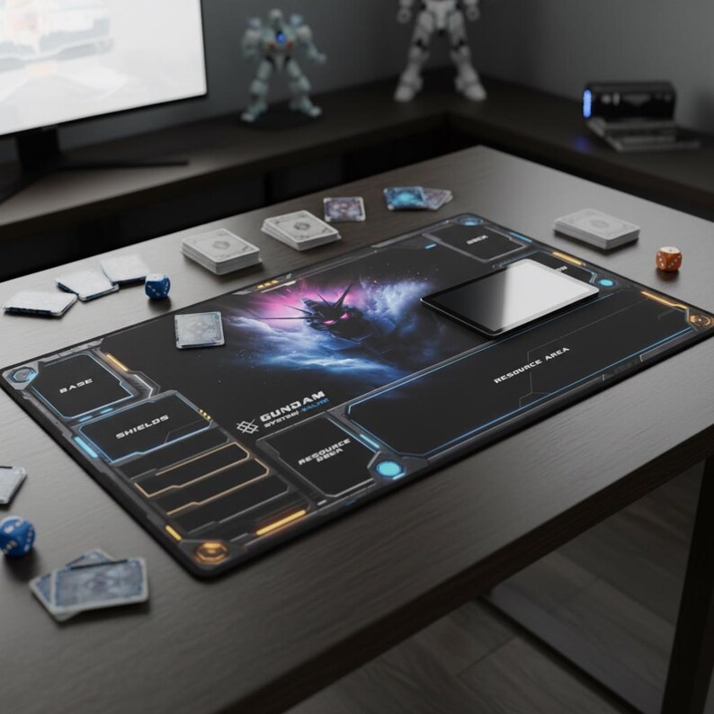 Op de afbeelding: Een zwart en blauw Gundam speelmat met een futuristisch ontwerp. De mat heeft aangewezen gebieden voor kaarten, dobbelstenen en een resource-gebied. Het Gundam-logo is zichtbaar, samen met een levendige illustratie van een Gundam-personage. Een tablet ligt op de mat.