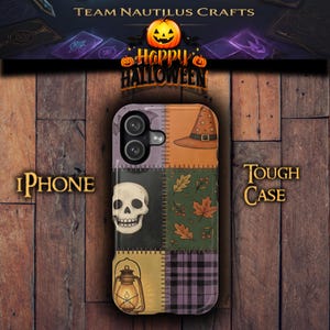 May include: A phone case featuring a patchwork design with Halloween-themed illustrations including a witch hat, a skull, autumn leaves, a lantern, and a purple plaid pattern. The case has a dual-camera cutout and a smooth, glossy finish.