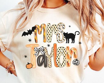 Teacher Halloween Group Shirts Custom Teacher Name Halloween Comfort Colors Shirt, Halloween Preschool Teacher Tshirt Spooky Teacher T-shirt