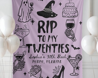 May include: A light purple fabric backdrop featuring black line art illustrations of a ghost, witch hat, cake, skeleton hand holding a wine glass, and cocktails. The text reads RIP TO MY TWENTIES, Sophia's 30th Bash, and MIAMI, FLORIDA.