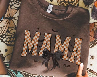 Custom Halloween pregnancy announcement Mama Sweatshirt Gift for new Mom, Coquette Bow Mom Sweater, EST Mama Sweatshirt, Spooky Mama Gift