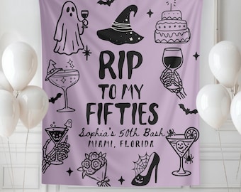 Custom Halloween 50th Birthday Banner Personalized Ghost Witchy Birthday Party Tapestry Turning 50 Spooky Bachelorette Backdrop