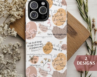 May include: A white phone case with a floral design and inspirational bible verses. The case features a variety of verses, including "The Lord will fight for you", "I will trust in the Lord with all my heart", and "God is my strength and my salvation".