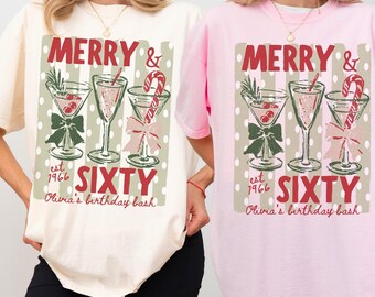 Camiseta personalizada de Navidad para el 60 cumpleaños, camiseta de cumpleaños número sesenta, regalo de cumpleaños número 60, camiseta para fiesta de cumpleaños navideña de los sesenta