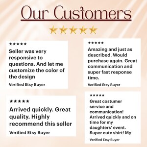 May include: Image features customer reviews with star ratings and text. The title "Our Customers" is at the top, with gold stars and customer feedback below. The reviews highlight positive experiences with the seller, including responsiveness and quality.