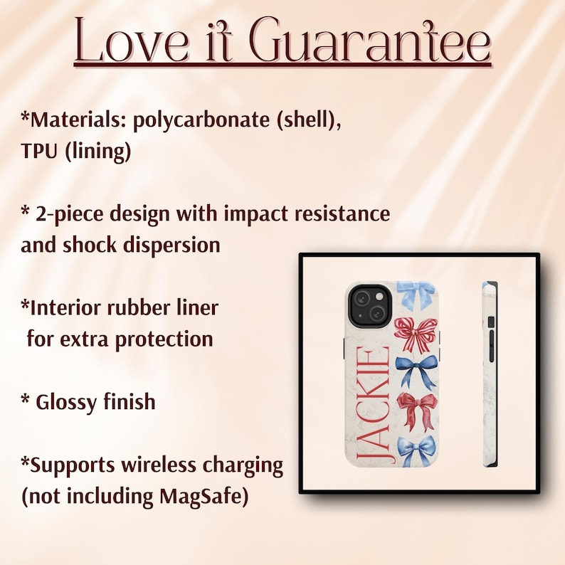 Puede incluir: Funda de tel&eacute;fono con dise&ntilde;o de m&aacute;rmol blanco y el nombre "JACKIE" en letras rojas. La funda presenta un patr&oacute;n de lazos azules y rojos. El texto "Love it Guarantee" est&aacute; en la parte superior de la imagen.