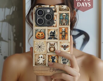 May include: A Halloween-themed phone case featuring a collage of vintage-style postage stamps. The stamps depict a jack-o'-lantern, haunted house, skeleton, owl, bat, and other spooky images. The case has a wooden-look base and the name "Sophie" is written on the bottom.