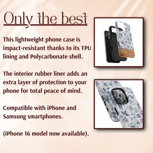 May include: A white phone case with a blue floral pattern. The case has a clear back and a black bumper. The case is compatible with iPhone and Samsung smartphones. The text "Only the best" is at the top of the image. The text "iPhone 16 model now available" is at the bottom of the image.